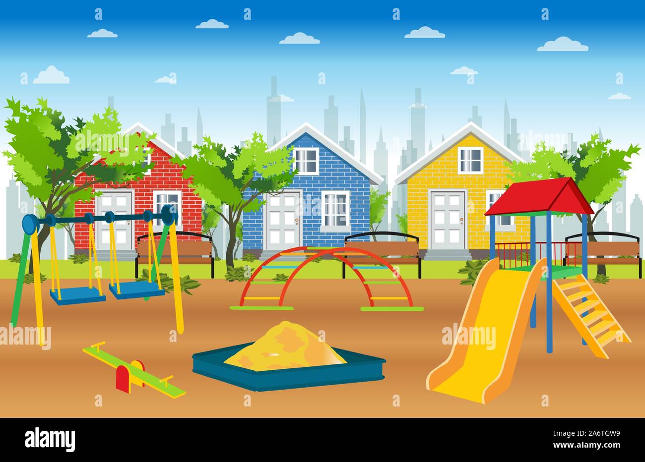 Vettore di un parco giochi per bambini con scivoli, altalene e scatola di sabbia in una zona suburbana circondato da verdi alberi Illustrazione Vettoriale