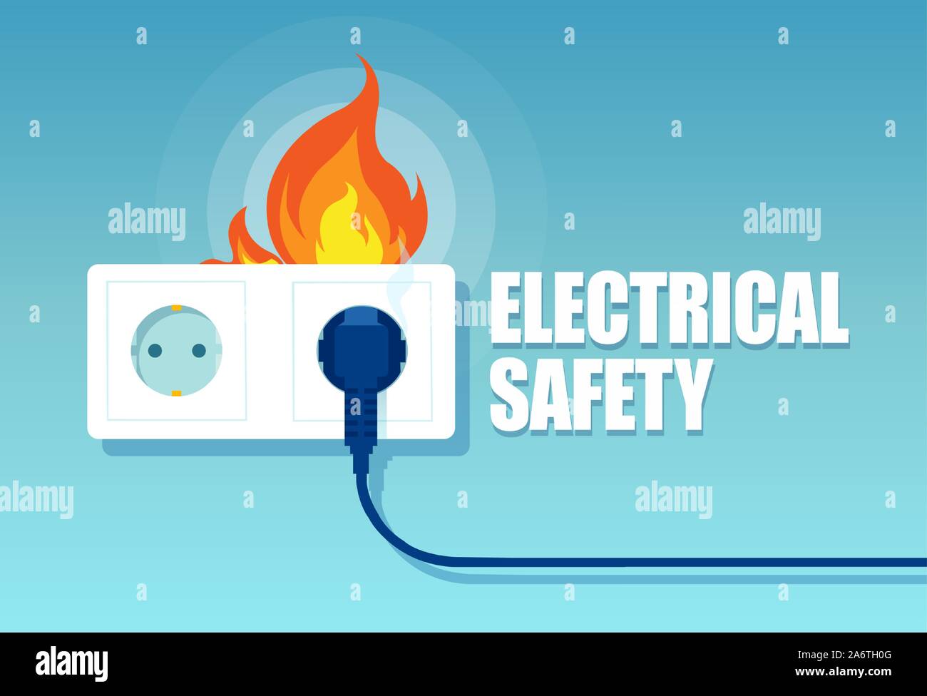 Vettore di un guasto elettrico di uscita e di un tappo sul fuoco dal corto circuito su sfondo blu Illustrazione Vettoriale