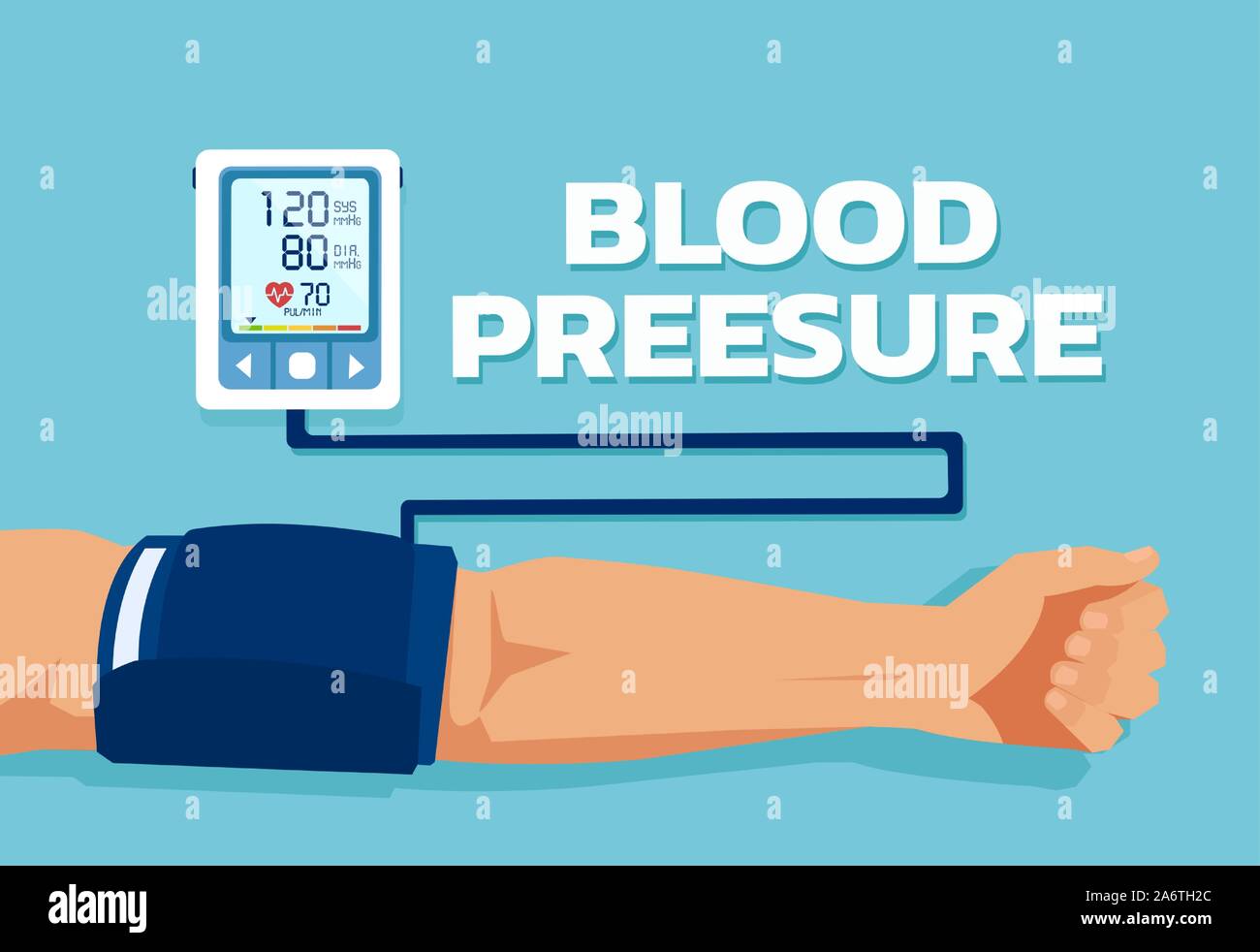 Vettore di un uomo di controllare la pressione del sangue arterioso. Assistenza sanitaria e il monitoraggio di concetto di salute. Illustrazione Vettoriale