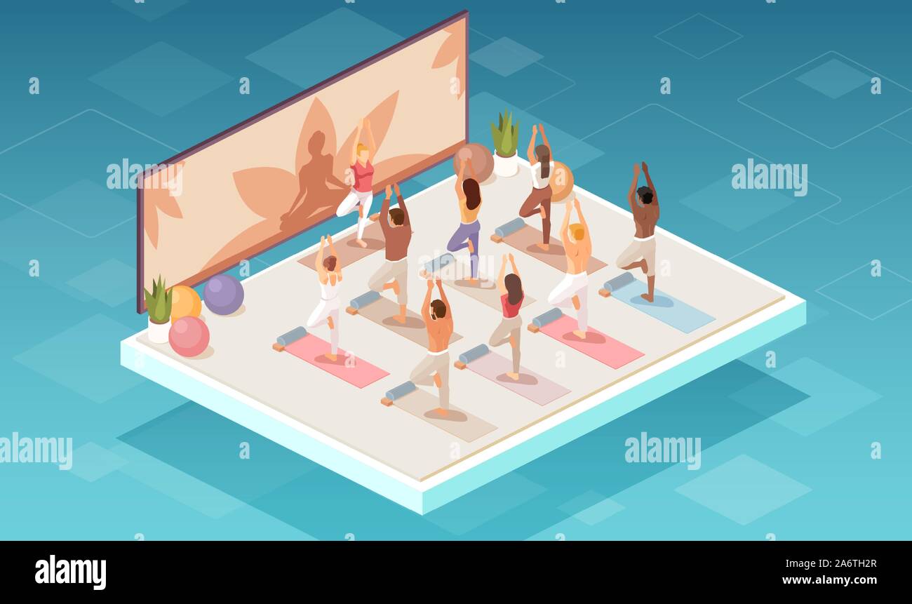 Vettore di un gruppo di persone facendo esercizi yoga in un monolocale o un centro fitness. Uno stile di vita sano concetto Illustrazione Vettoriale