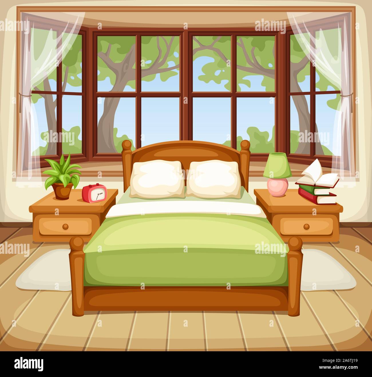 Illustrazione vettoriale di un interiore camera da letto con un letto matrimoniale e una grande finestra. Illustrazione Vettoriale