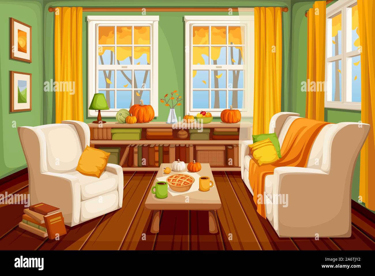 Vettore autunno accogliente salotto interno. Illustrazione Vettoriale