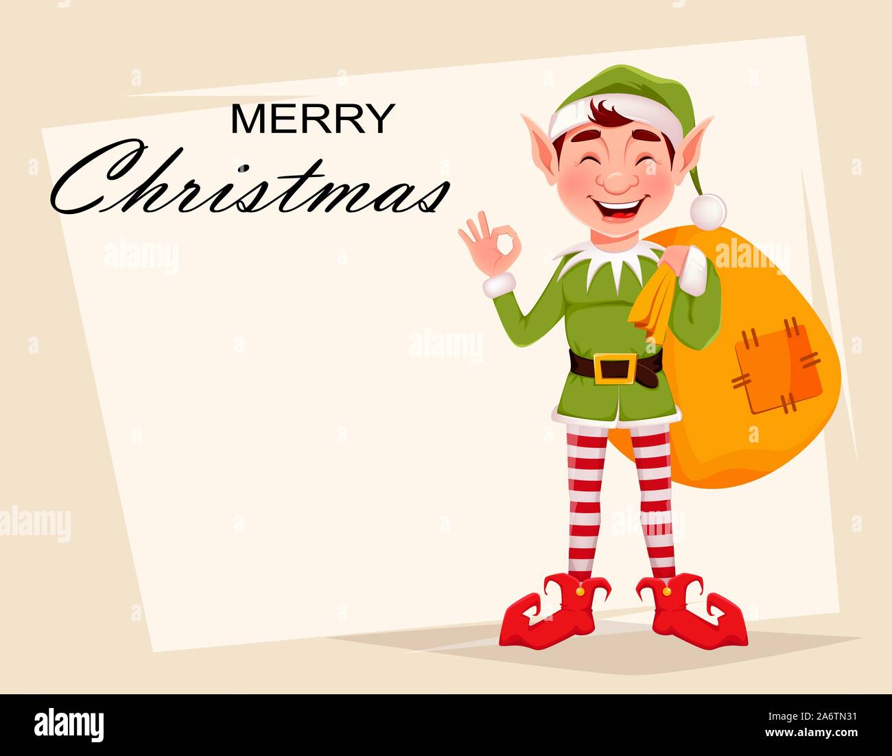 Merry Christmas greeting card con divertenti Elf. Babbo Natale elfo aiutante azienda grande sacco di regali. Personaggio dei fumetti. Illustrazione Vettoriale Illustrazione Vettoriale