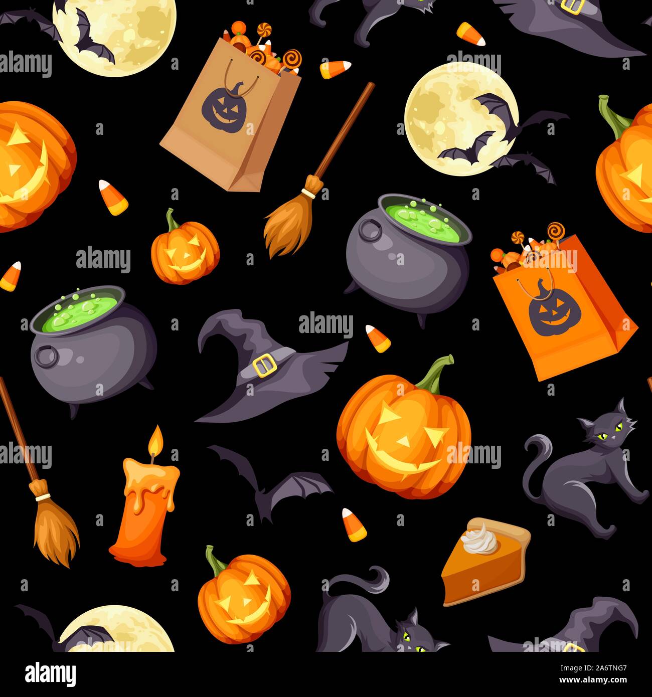 Vettore di Halloween sfondo senza giunture con jack-o-lanterne, gatti, pipistrelli, cauldrons, streghe cappelli, candele, scope e caramelle sul nero. Illustrazione Vettoriale