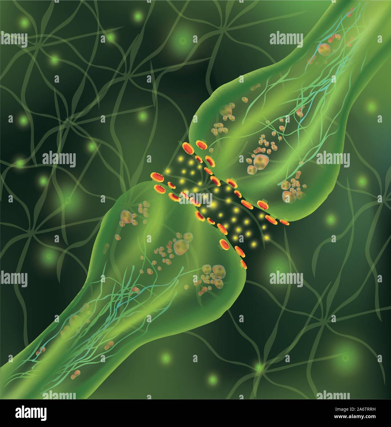 La segnalazione nel cervello. Connessioni neurali nel cervello forma pensieri, il concetto di apprendimento. La trasmissione di impulsi in un organismo vivente. Neural Illustrazione Vettoriale