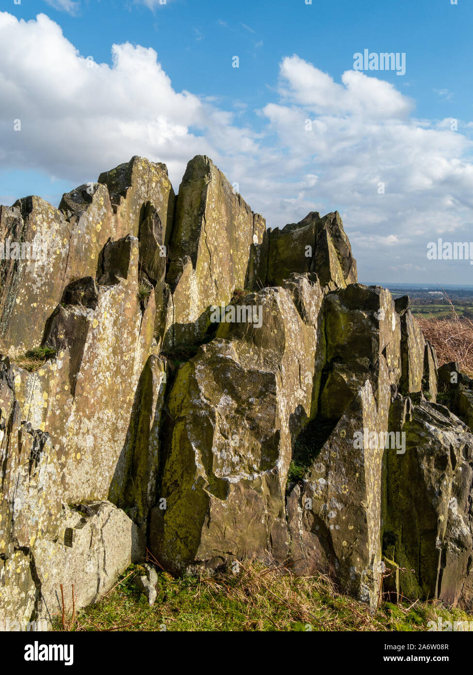 Affioramento di ripetutamente la più antica (precambrian) rocce in Gran Bretagna, Glenfield Lodge Park hilltop, Leicestershire, England, Regno Unito Foto Stock