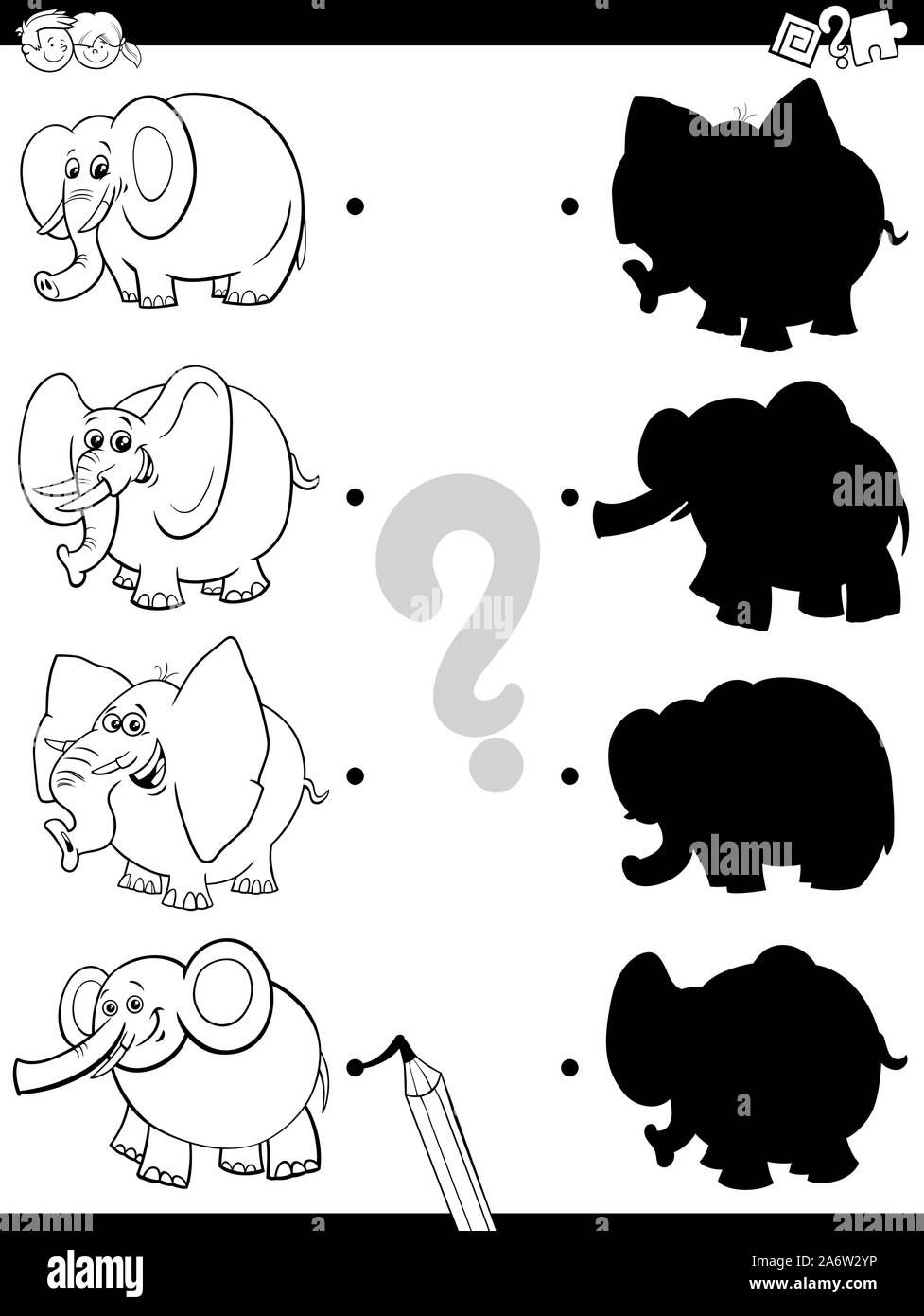 Bianco e Nero Cartoon illustrazione di corrispondere il giusto ombre con immagini gioco educativo per i bambini con divertenti elefanti caratteri animale col Illustrazione Vettoriale