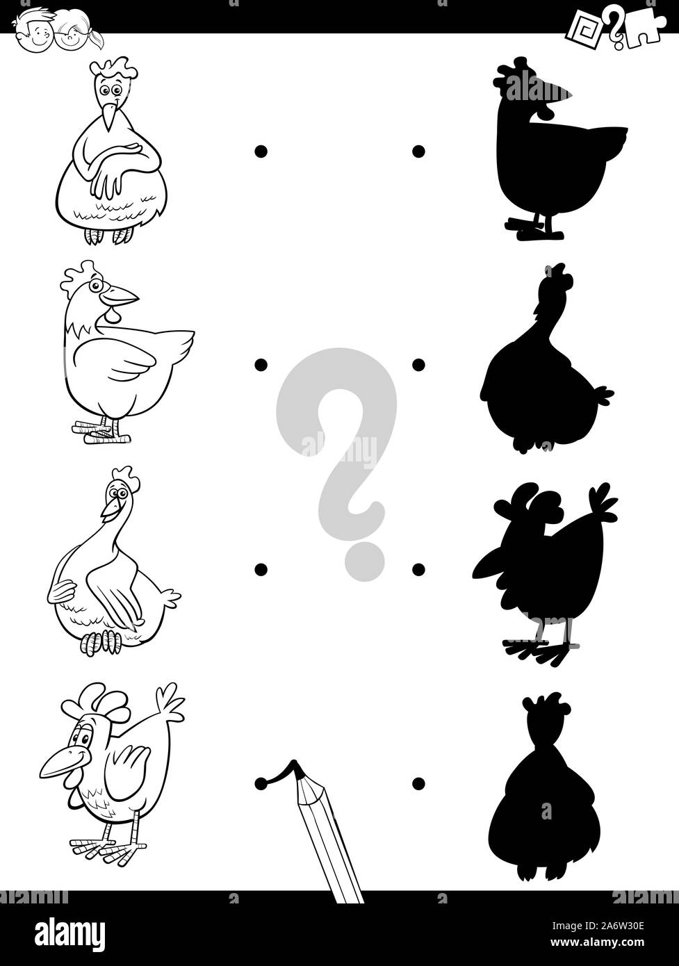 Bianco e Nero Cartoon illustrazione di corrispondere il giusto ombre con immagini gioco educativo per i bambini con divertenti fattoria di pollo caratteri di origine animale Illustrazione Vettoriale
