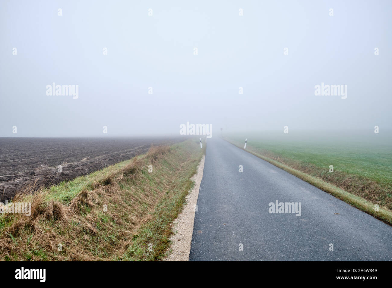 Strada di campagna in nessun luogo - narow street con diminuzione perspektive portando nella nebbia. Visto in Germania vicino Oedenberg, Baviera in ottobre. Foto Stock