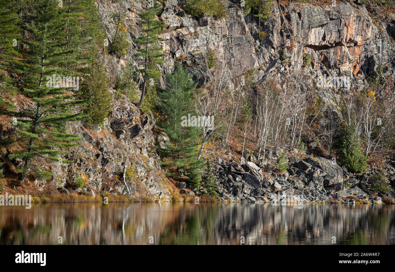 Sempreverdi crescendo in granito roccia su un fiume pieno di riflessioni. Foto Stock