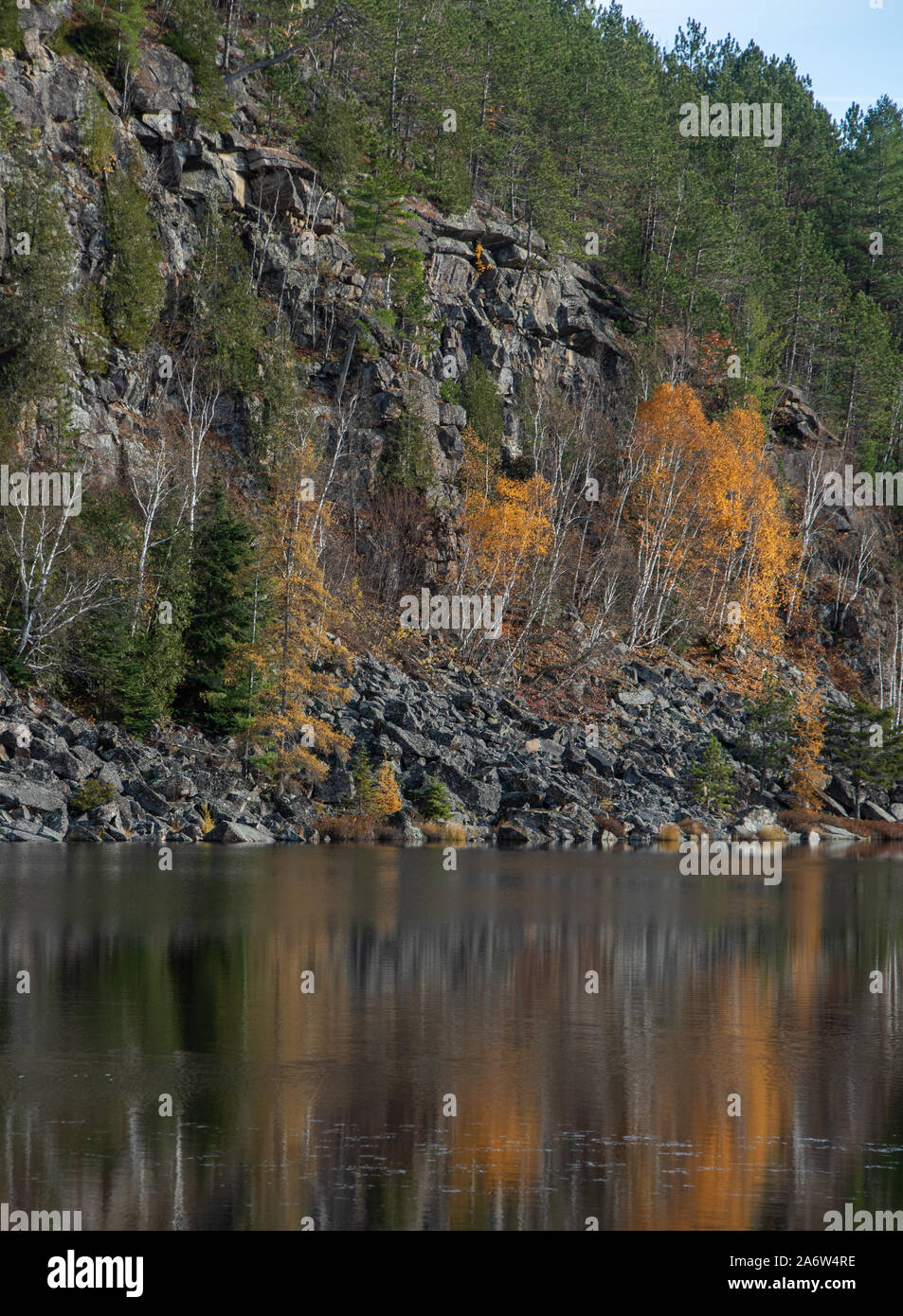 Sempreverdi crescendo in granito roccia su un fiume pieno di riflessioni. Foto Stock