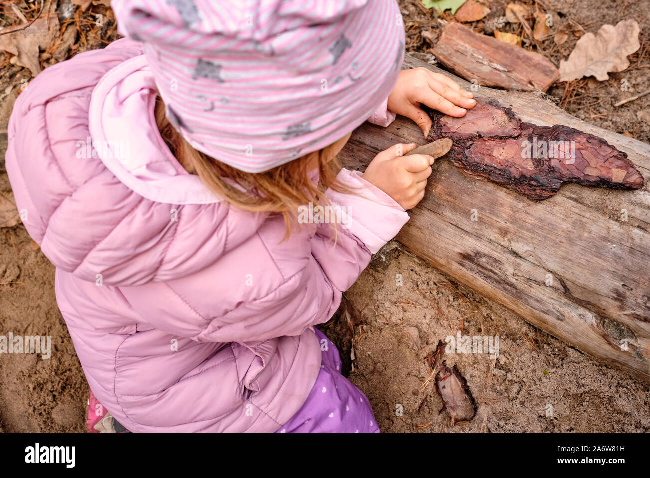 Bambino carina ragazza che gioca con il legno su un parco giochi nella foresta di indossare abiti caldi in autunno. Visto in Germania, il Land della Baviera in ottobre. Foto Stock