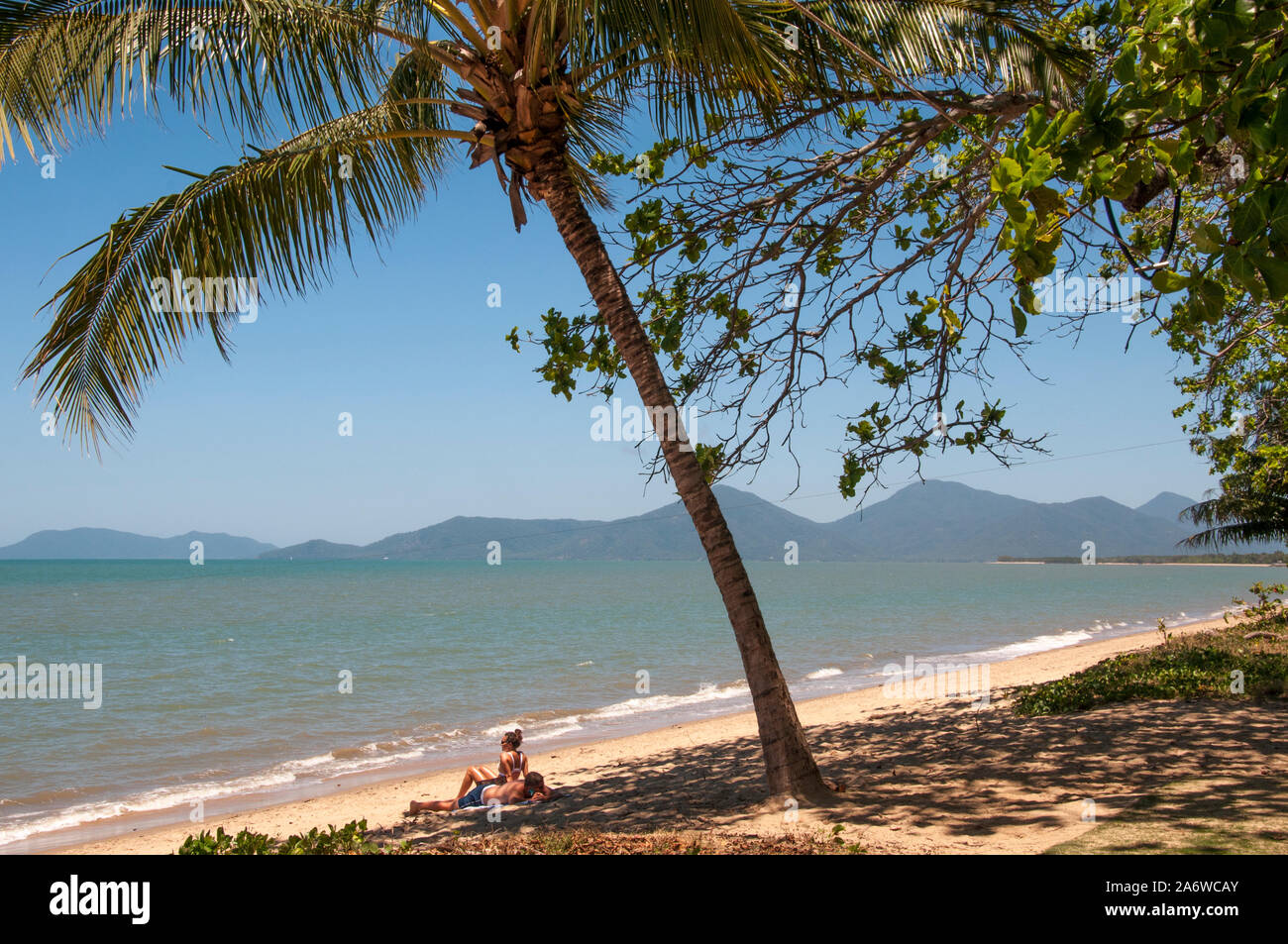 Holloways Beach, appena a nord di Cairns, una trafficata destinazione turistica in Tropical North Queensland, Australia Foto Stock