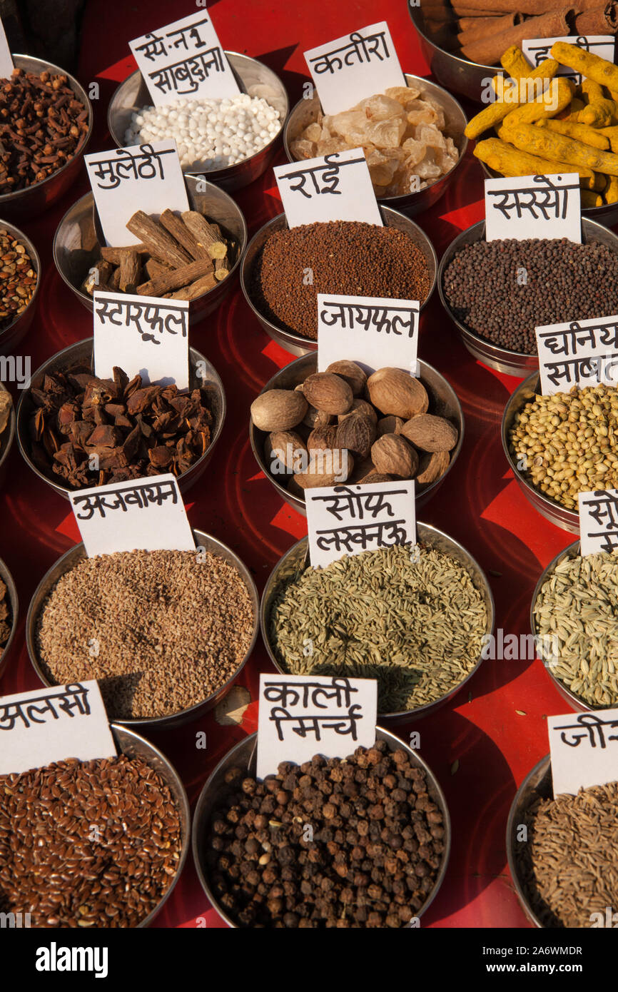Visualizzazione delle spezie nel mercato nella vecchia città di Delhi Foto Stock