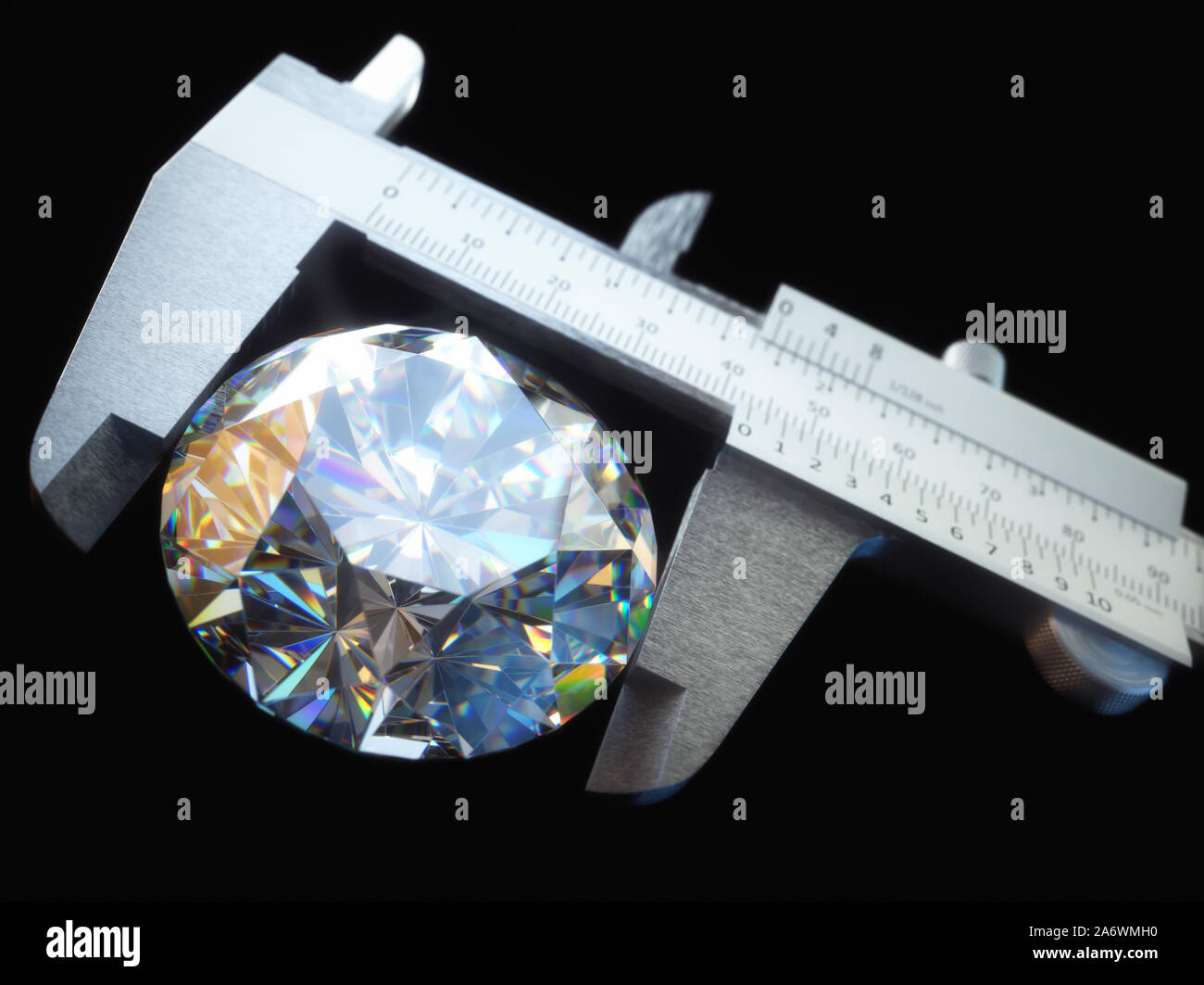 3D illustrazione di un diamante enorme essendo misurato con un calibro. Concetto di immagine di ricchezza e di lusso. Foto Stock