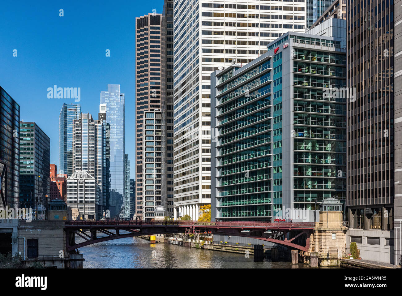 Edifici sul Fiume di Chicago Foto Stock