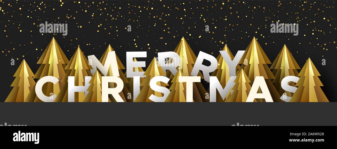 Buon Natale illustrazione di lusso con carta oro il taglio di alberi di pino e golden glitter. Elegante stagione invernale paesaggio forestale per evento di festa o parte Illustrazione Vettoriale