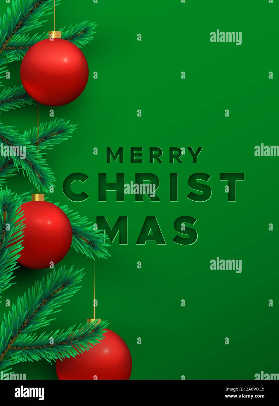 Merry Christmas greeting card illustrazione di festosa sfondo verde con della carta consente di tagliare il testo citazione, rosso ninnolo ornamento e 3d pino decorazione. Illustrazione Vettoriale