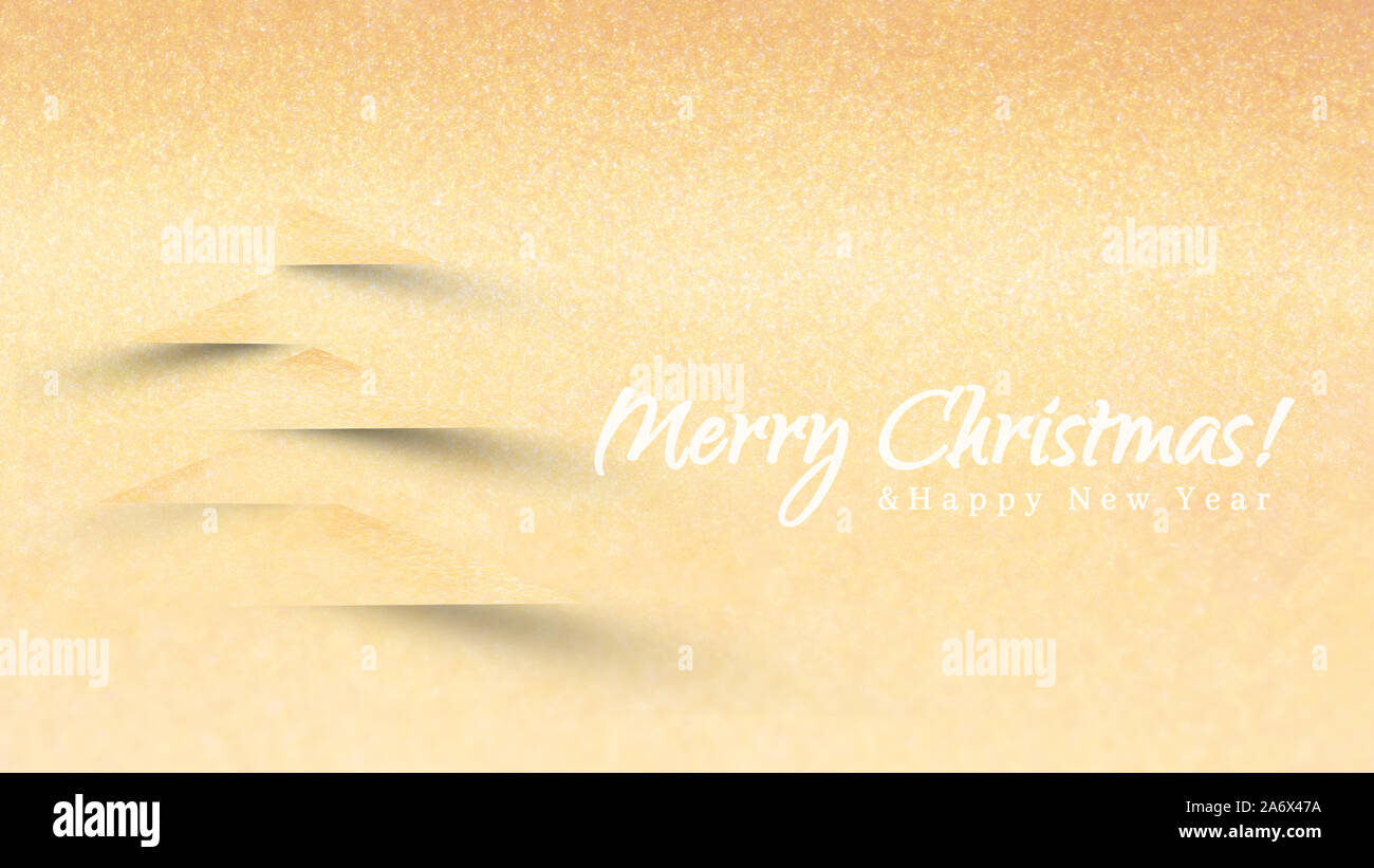 Buon Natale e felice Anno Nuovo gold banner con albero splendente. Vacanze scheda decorazione design. Foto Stock