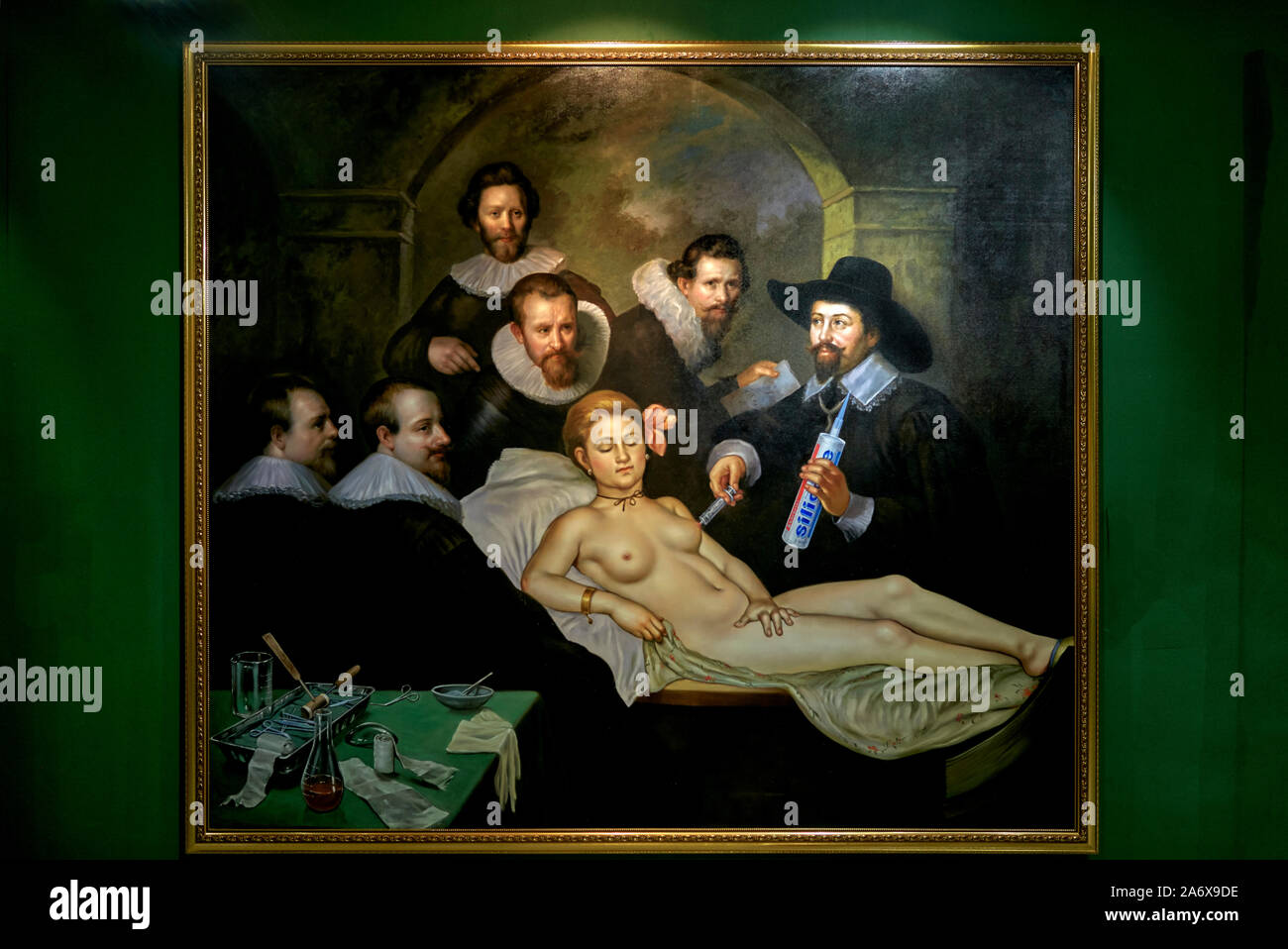Parodia Arte pittura. La lezione di anatomia del Dr Nicolaes Tulp, Rembrandt, Museo d'Arte Parody, Pattaya, Thailandia, Asia sudorientale, Foto Stock
