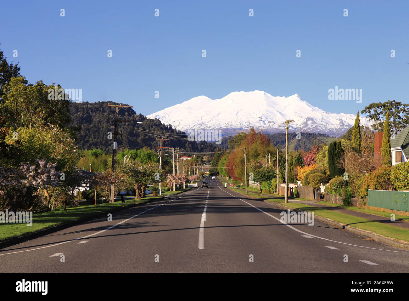 Il Monte Ruapehu vista, Ohakune, Nuova Zelanda, Isola del nord, il parco nazionale di Tongariro Foto Stock