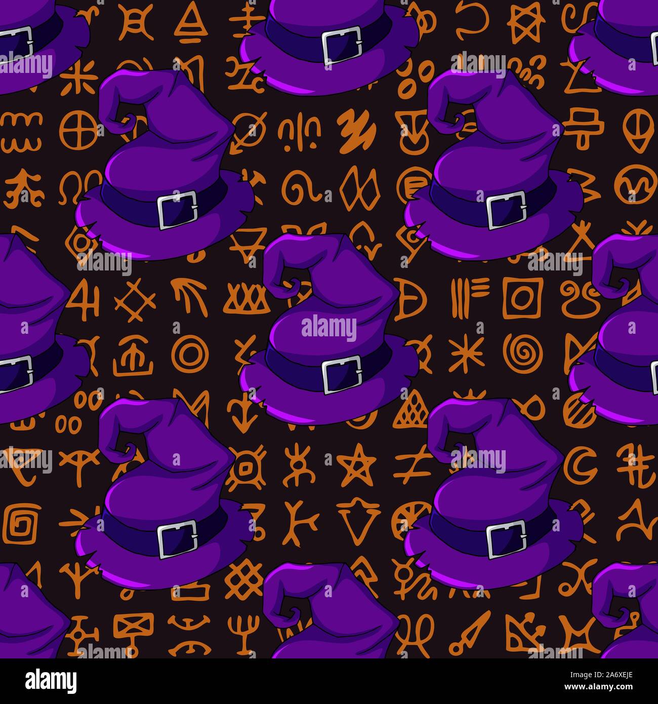 Halloween seamless pattern con cappelli di strega su antiche sfondo script Illustrazione Vettoriale