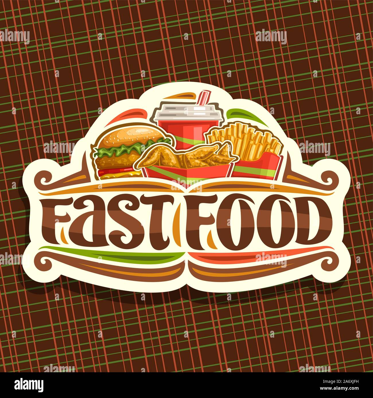 Il logo del vettore per il Fast Food, cartello con set di chickenburger fresco con fried cotoletta e insalata, ali di pollo e patatine fritte in una scatola di cartone, frizzanti Illustrazione Vettoriale