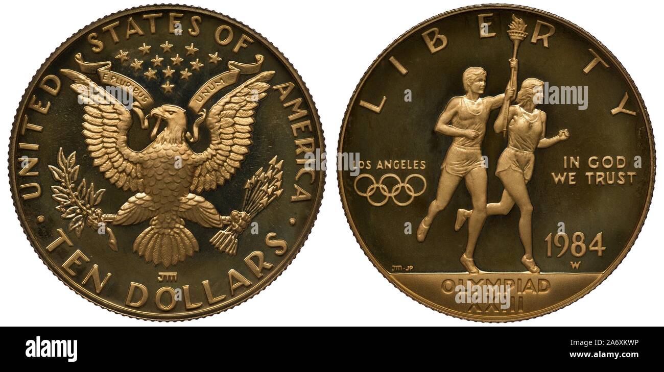 Stati Uniti golden moneta 10 dieci dollari 1984, oggetto XXIII Giochi Olimpici in Los-Angeles, eagle al di sotto di tredici stelle, maschio e femmina carryi atleti Foto Stock