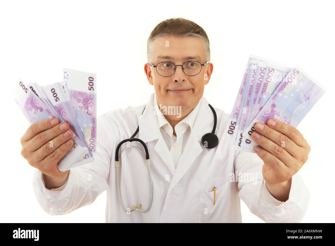 Il medico è in possesso di un sacco di euro Foto Stock