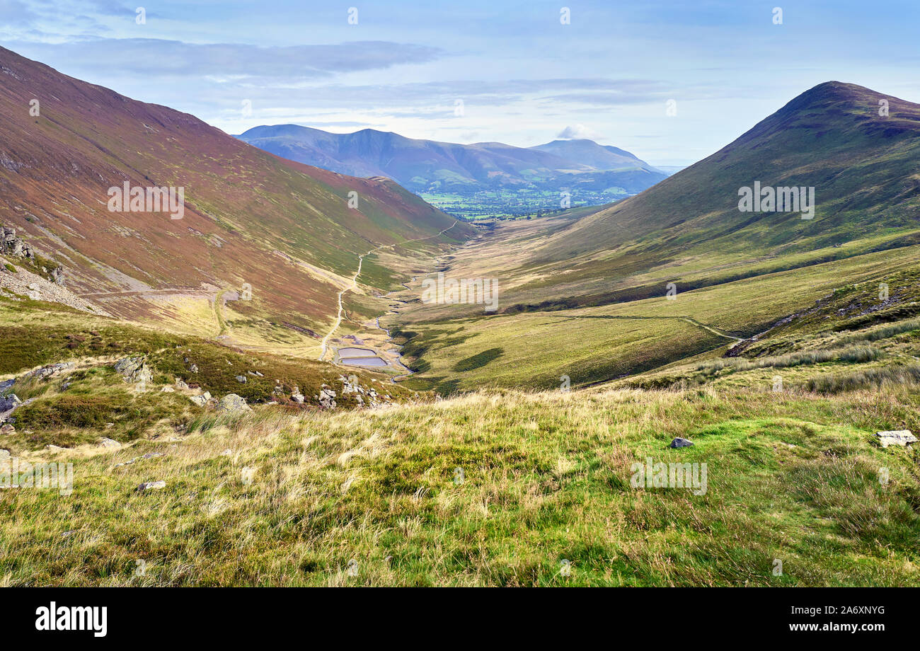 La valle del Coledale Beck con i vertici di Outerside sulla destra e Skiddaw e Blencathra nella distanza nel distretto del lago, Inghilterra, Regno Unito. Foto Stock