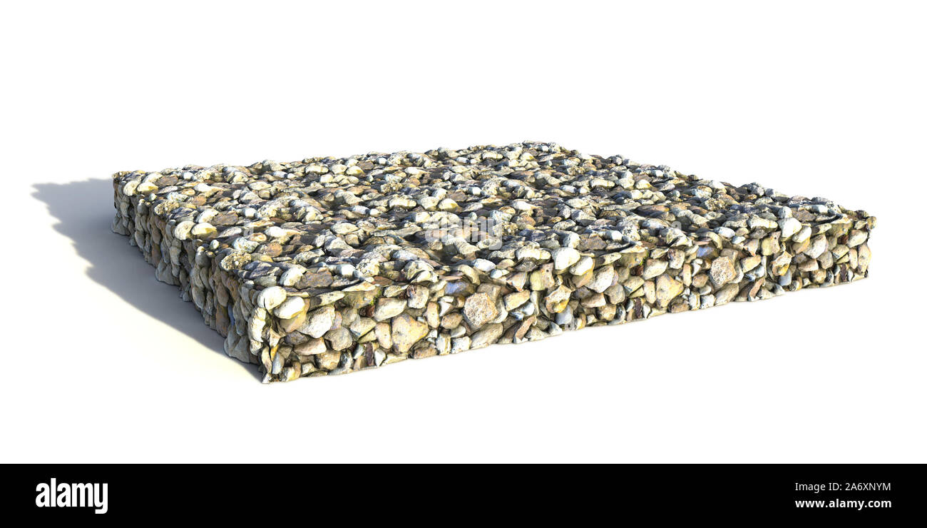 Modello di una sezione di terreno con le colline, fiume e prati (3d rendering, isolato con ombra su sfondo bianco) Foto Stock