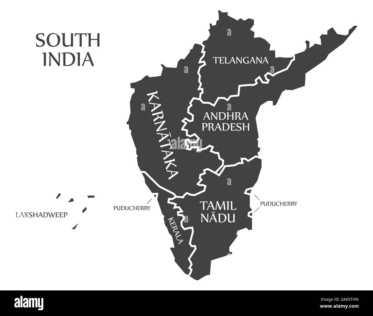 India del sud regione mappa etichettati illustrazione nero Illustrazione Vettoriale