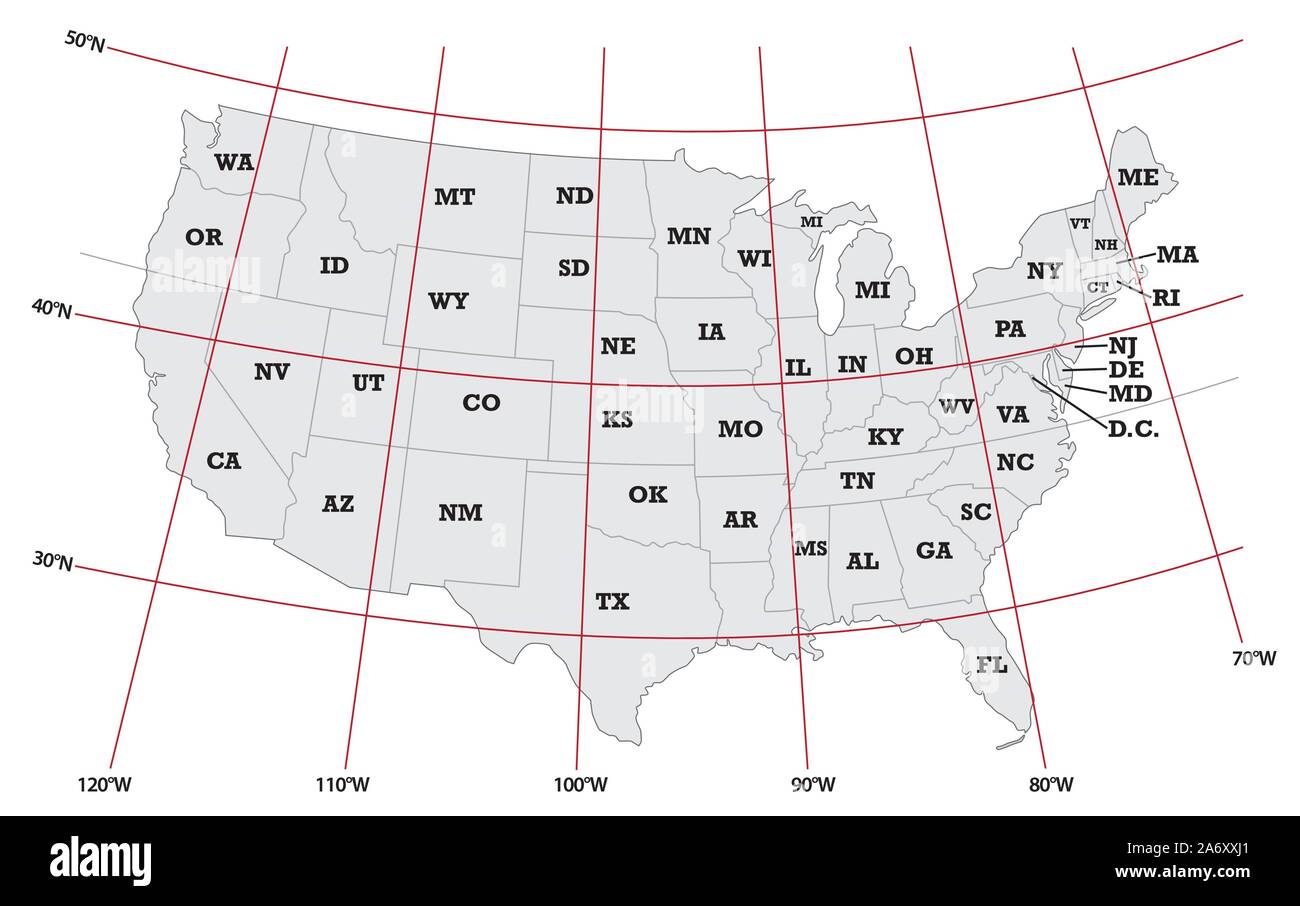 Mappa amministrativa negli Stati Uniti con la latitudine e la longitudine Illustrazione Vettoriale