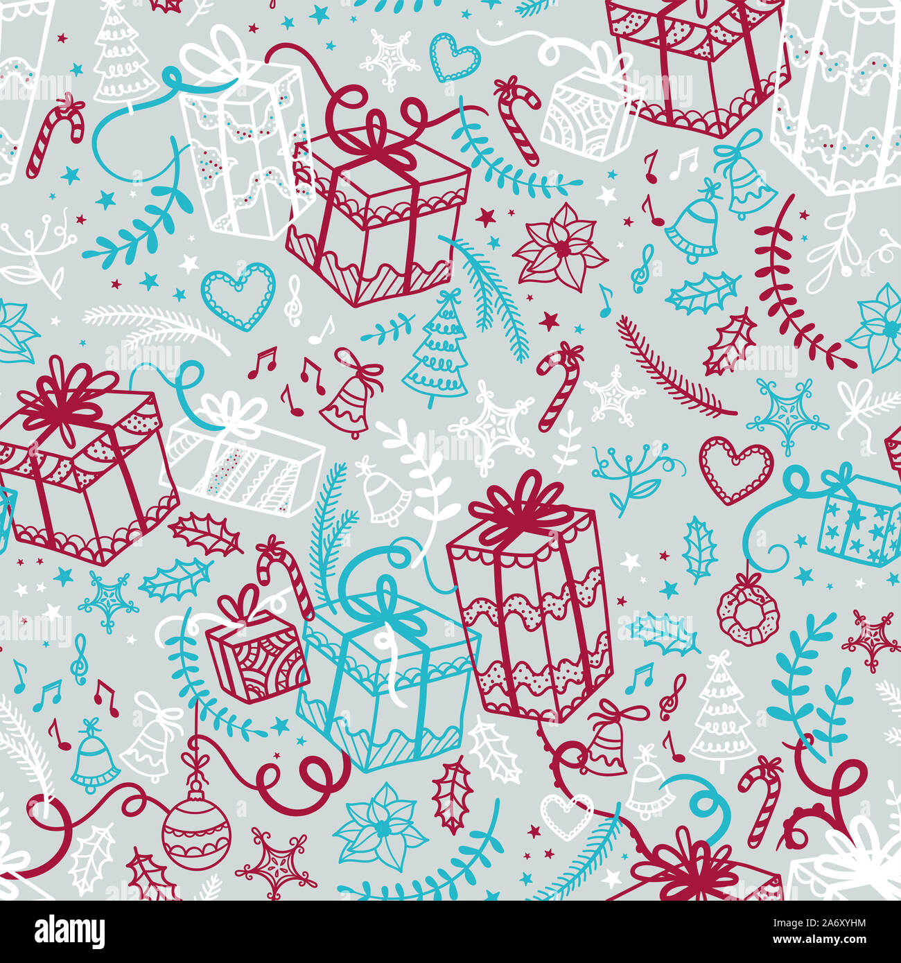 Divertente ed elegante il natale seamless pattern con i regali di natale e decorazioni - disegnata a mano scarabocchi - grande per il confezionamento, tessili, sfondo - vettore Foto Stock