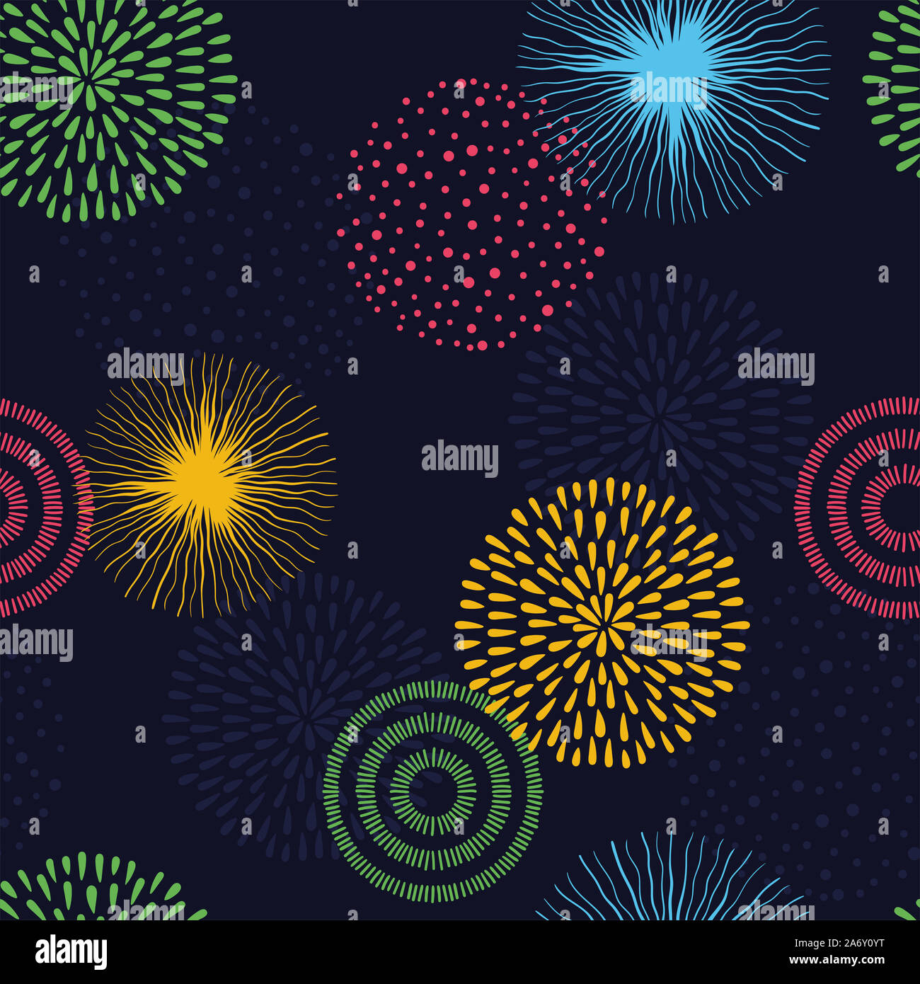 Divertimento fuochi d'artificio seamless pattern, disegnati a mano - grande per i prodotti tessili, sfondi, inviti, striscioni - vettore superficie di progettazione Foto Stock