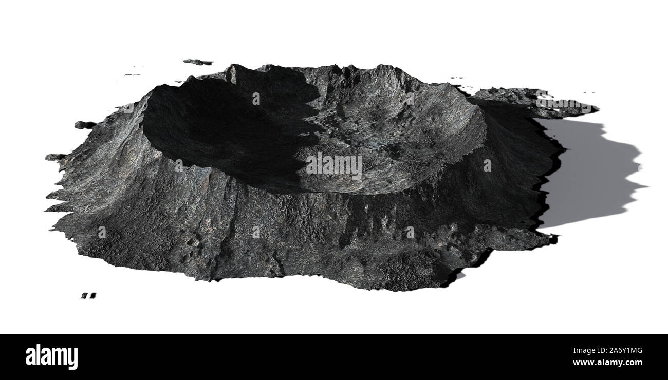 Cratere sulla superficie della luna, modello terreno isolato con ombra su sfondo bianco Foto Stock