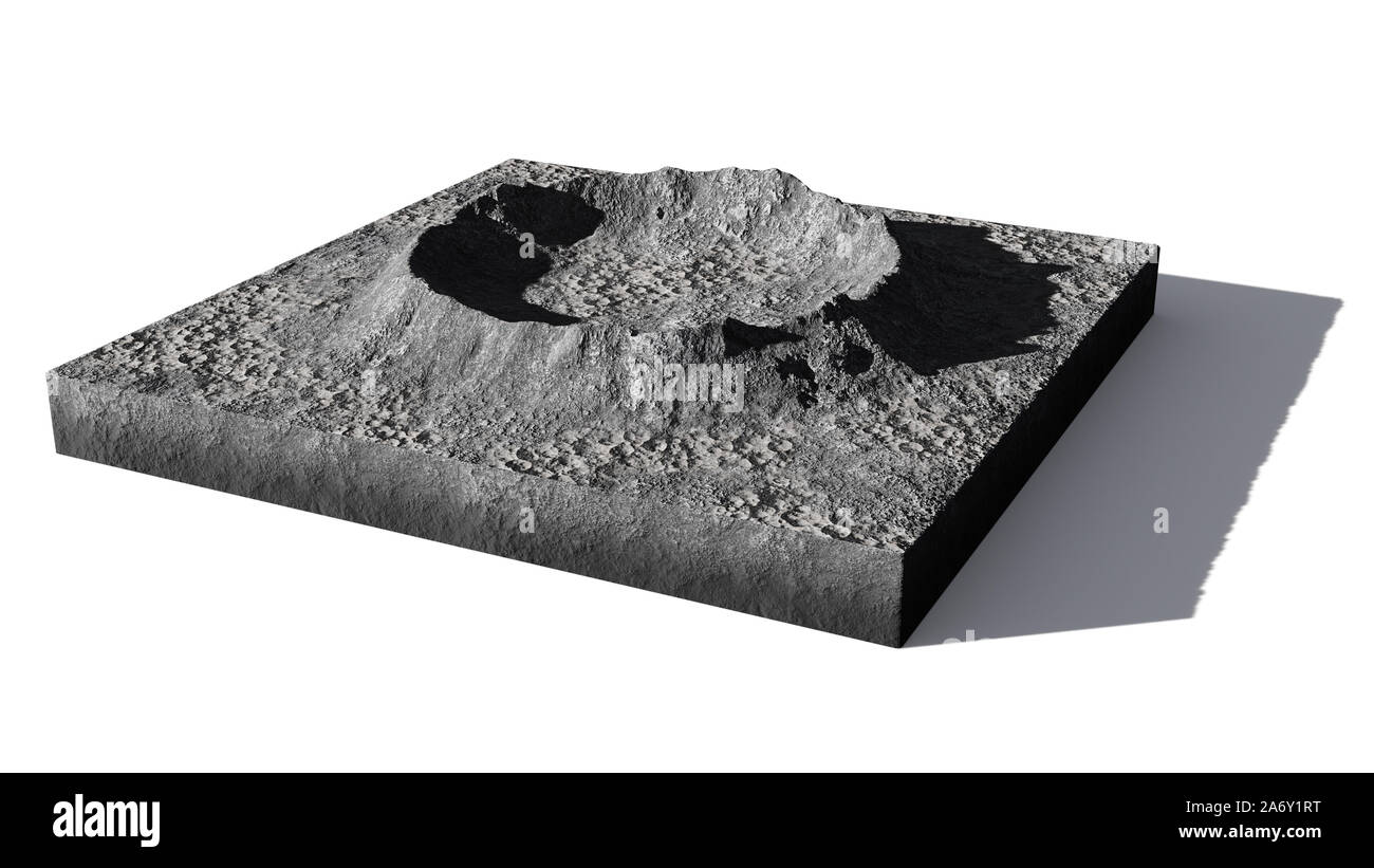 Sezione trasversale del cratere sulla superficie della luna, isolato con ombra su sfondo bianco Foto Stock