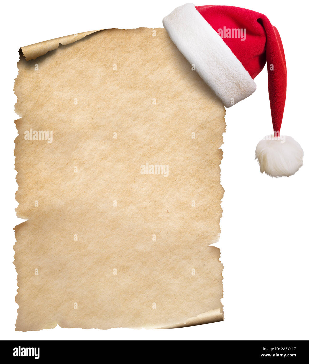 Vecchia carta bianca e cappello di Natale isolato su bianco Foto Stock