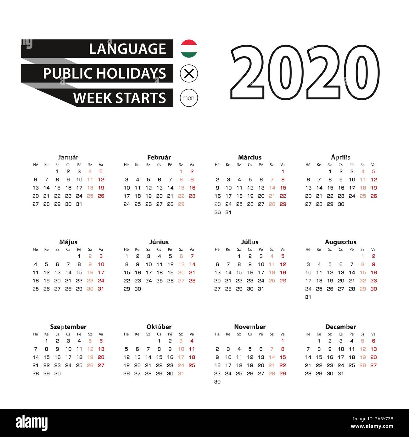 Calendario 2020 in lingua ungherese, settimana inizia di lunedì. Calendario di vettore 2020 anno. Illustrazione Vettoriale