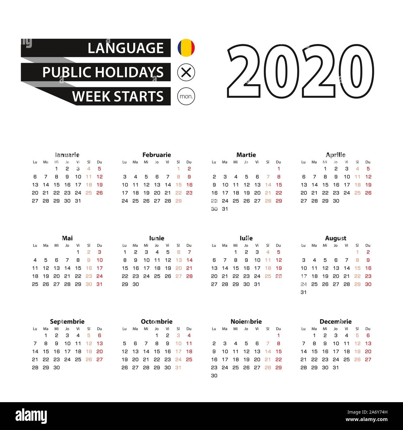 Calendario 2020 in lingua romena, settimana inizia di lunedì. Calendario di vettore 2020 anno. Illustrazione Vettoriale