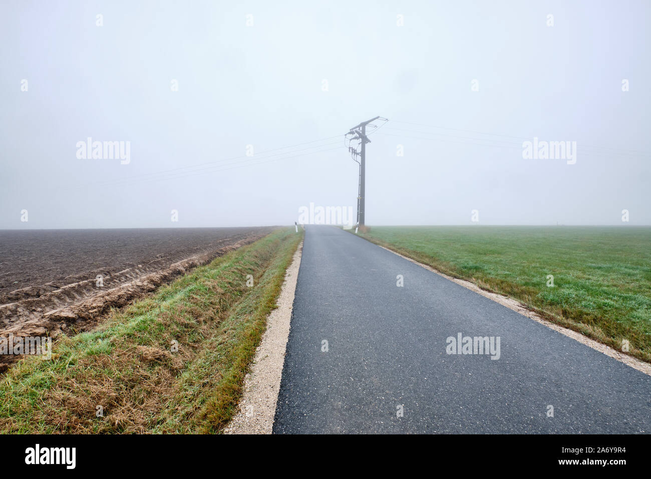 Strada di campagna con poli di potenza per nulla - narow street con diminuzione perspektive portando nella nebbia. Visto in Germania vicino Oedenberg, Bavari Foto Stock