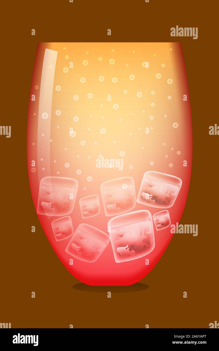 Bicchiere di cocktail con ghiaccio e bolle. Rosso e giallo limonata. Estate bibite fresche. Illustrazione Vettoriale