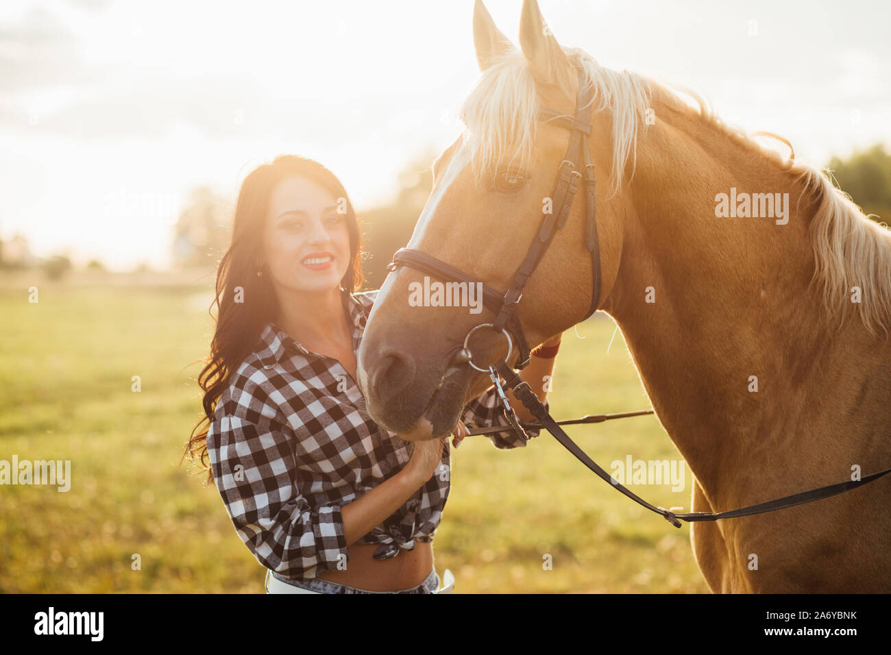 Giovane e bella ragazza con il suo cavallo al tramonto Foto Stock