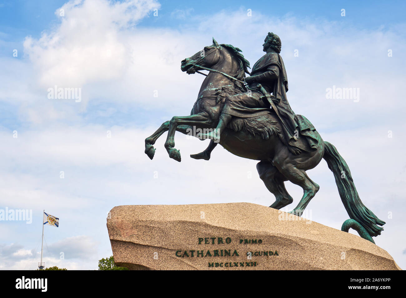 Der eherne Reiter, ZAR Peter der Große auf dem Pferd, Reiterstatuine aus Bronze von Étienne-Maurice Falconet, Senatsplatz, Sankt Petersburg, Russland Foto Stock