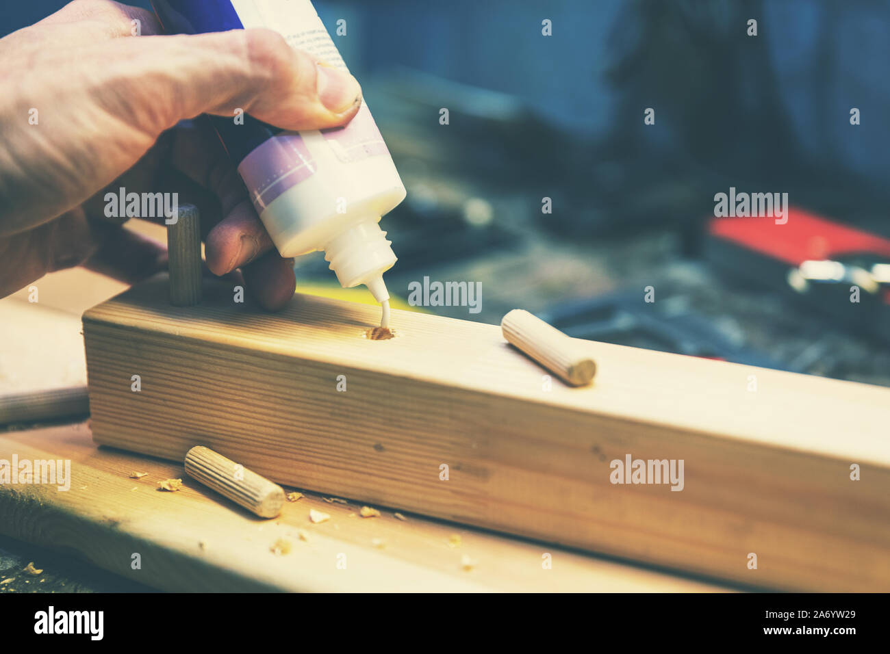 Spina di riferimento in legno joint - falegname mettere la colla in un trapanato il foro in legno Foto Stock