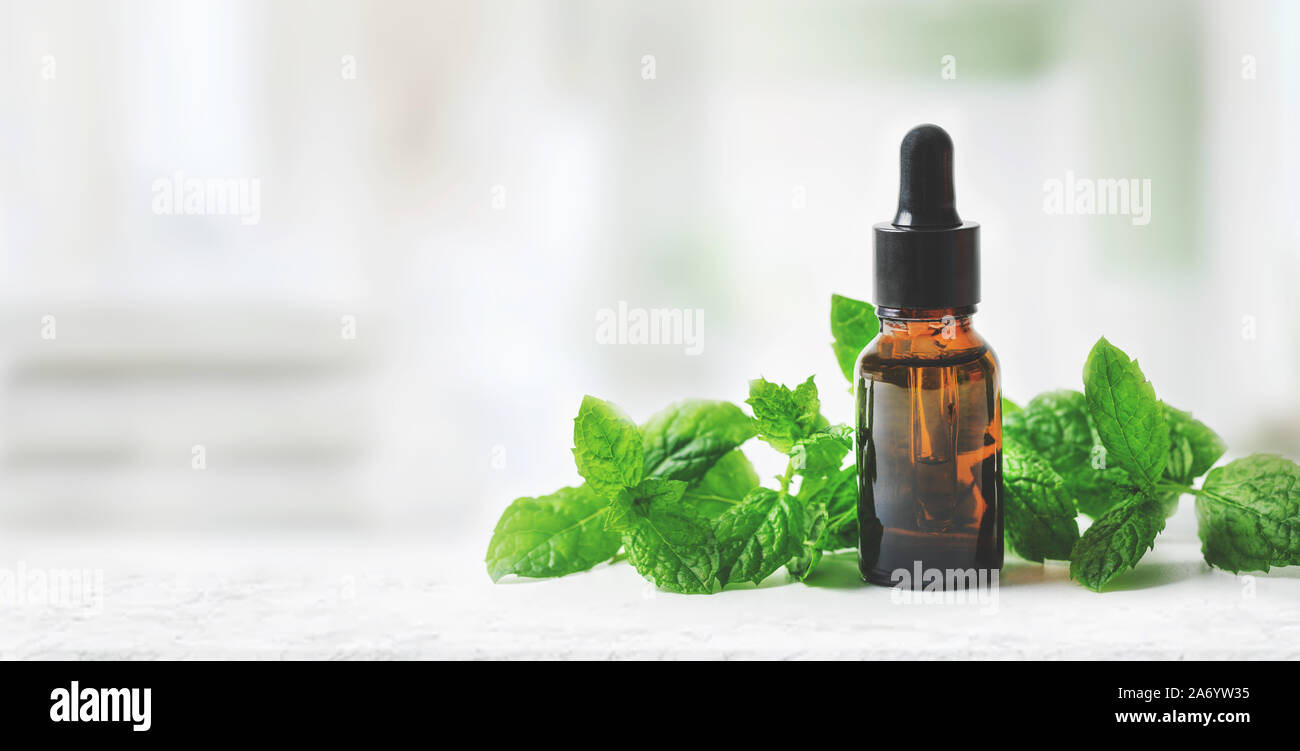 Un trattamento di aromaterapia - olio essenziale bottiglia con le foglie di menta su pulire sfondo luminoso con spazio di copia Foto Stock