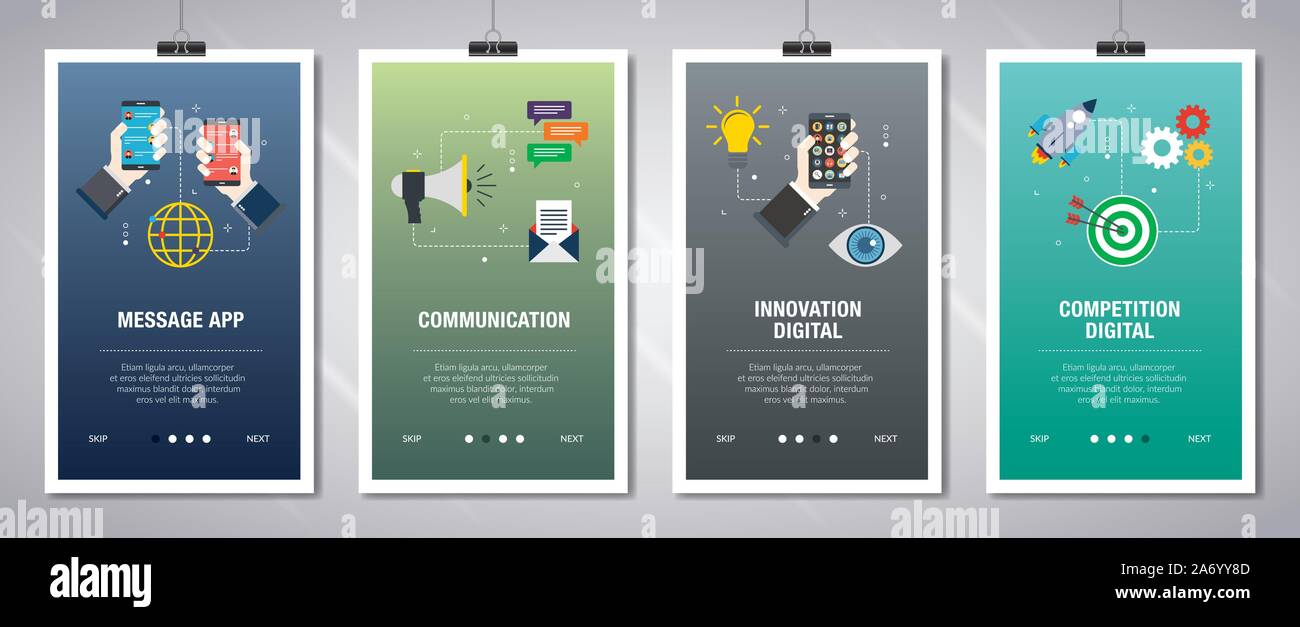 Set di vettore verticale di banner per il web con il messaggio app, comunicazione, innovazione digitale, concorrenza digitale. Vettore modello di banner per il sito web e mo Illustrazione Vettoriale