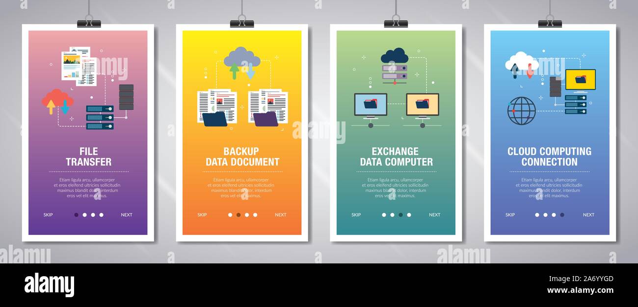 Set di vettore verticale di banner per il web con il trasferimento di file di dati di backup documento, lo scambio di dati del computer e il cloud computing.Vettore modello di banner per il web Illustrazione Vettoriale