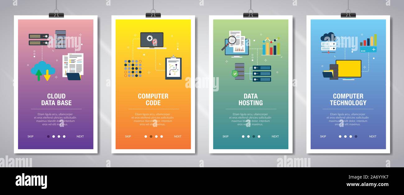 Set di vettore verticale di banner per il web con il cloud base dati, codice di computer, l'hosting dei dati e la tecnologia del computer. Vettore modello di banner per il sito web e m Illustrazione Vettoriale
