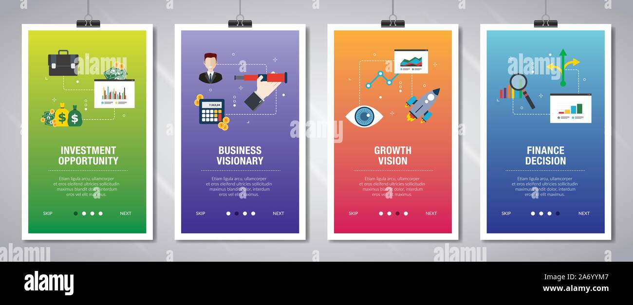 Set di vettore di verticale banner web con opportunità di investimento, business visionario, visione di crescita e finanziare la decisione. Vector modello di pagina di intestazione per noi Illustrazione Vettoriale